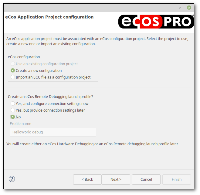 eCos Application Project configuration